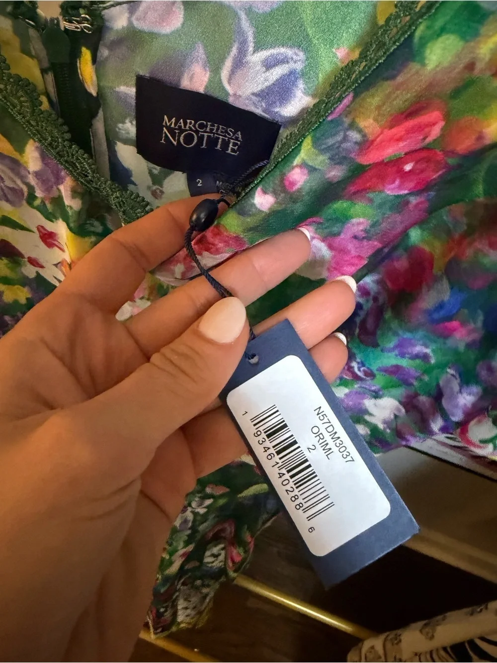 Marchesa Green Floral V-Neck Midi Dress